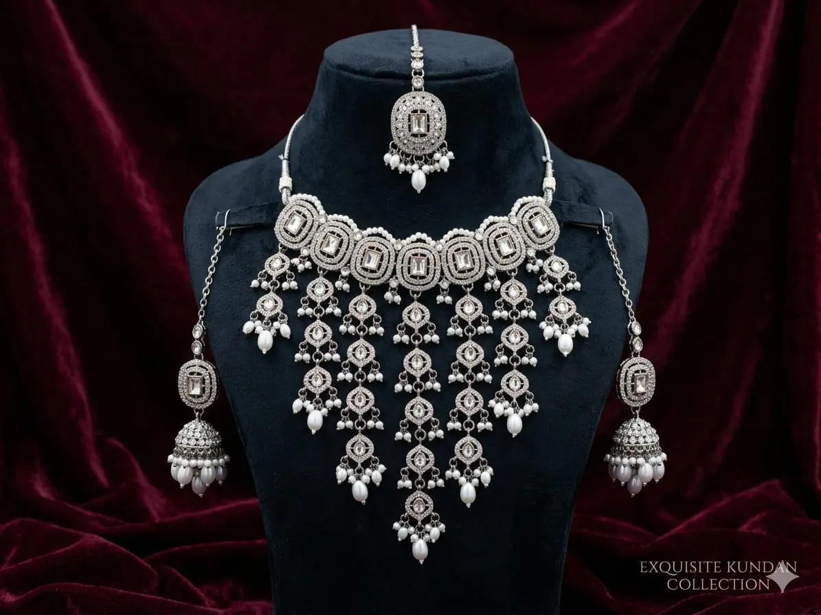 Exquisite Silver-Plated Bridal Kundan Choker Set with Multi-Tiered Pearl Droplets, Matching Jhumkas & Maang Tikka