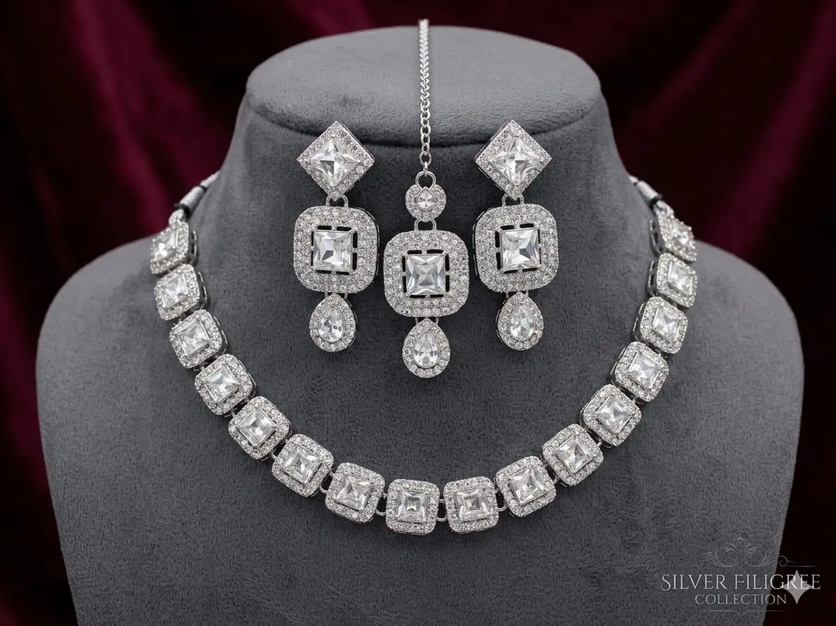Radiant Square-Cut Crystal Choker Set in Silver Finish | Contemporary Minimalist Jewelry for Parties & Receptions