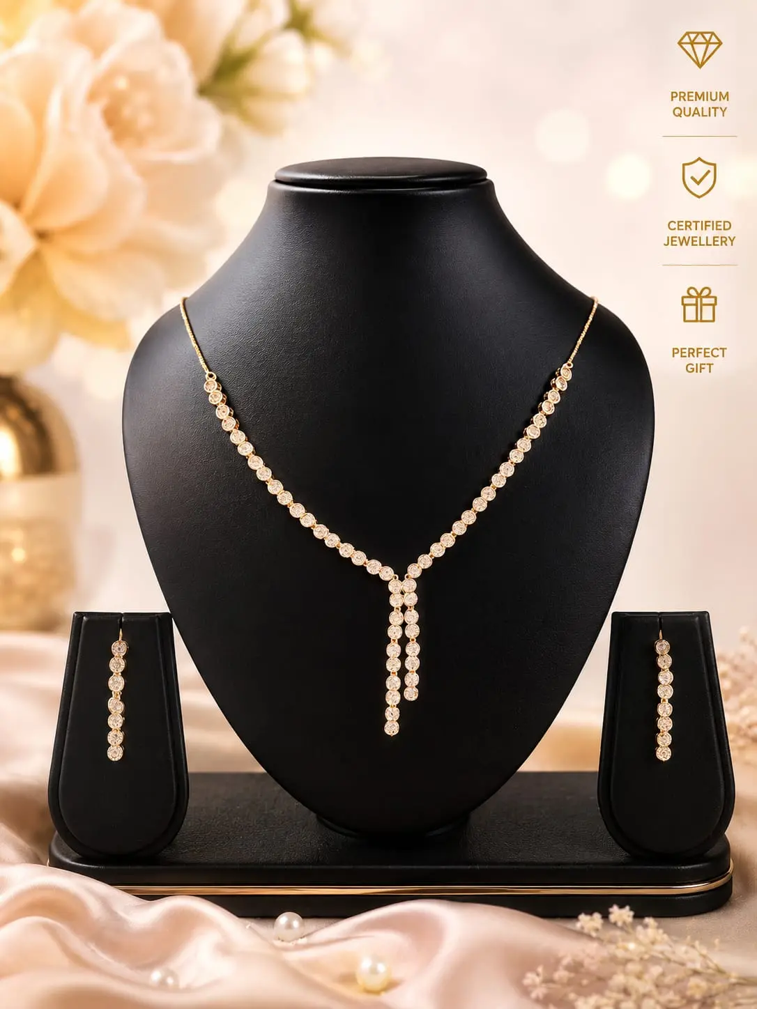 Premium Gold-Plated Solitaire Stone Necklace and Dangle Earring Set | Elegant Drop Design for Special Occasions
