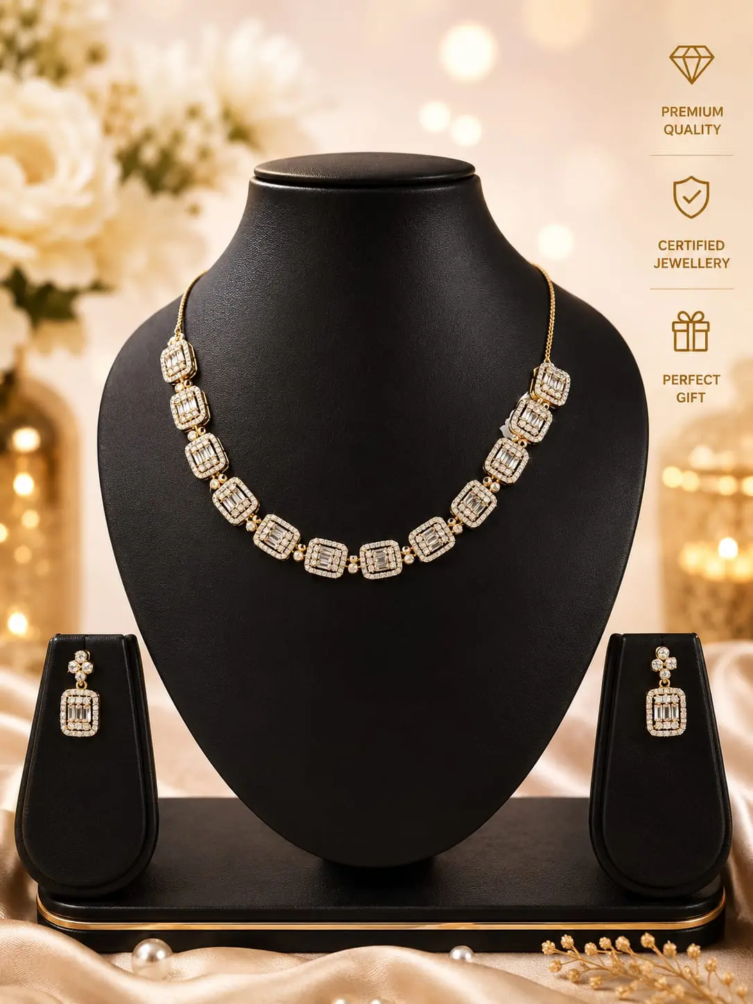 Premium Gold-Plated Emerald-Cut Baguette Choker Set | Radiant Halo Design Necklace with Matching Drop Earrings