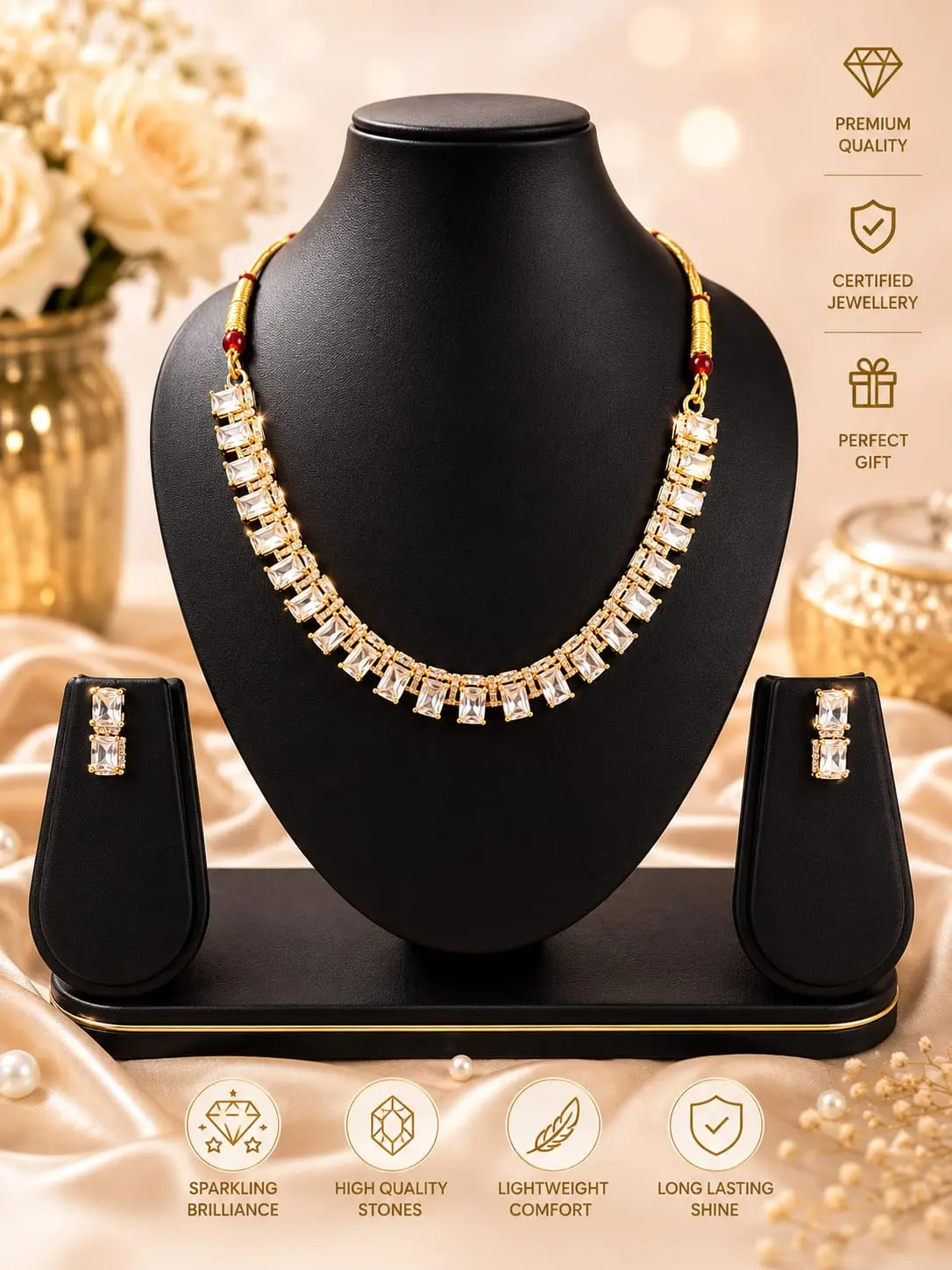 Elegant Gold-Plated Baguette Crystal Choker Necklace Set | Sparkling Stone Jewelry with Matching Studs