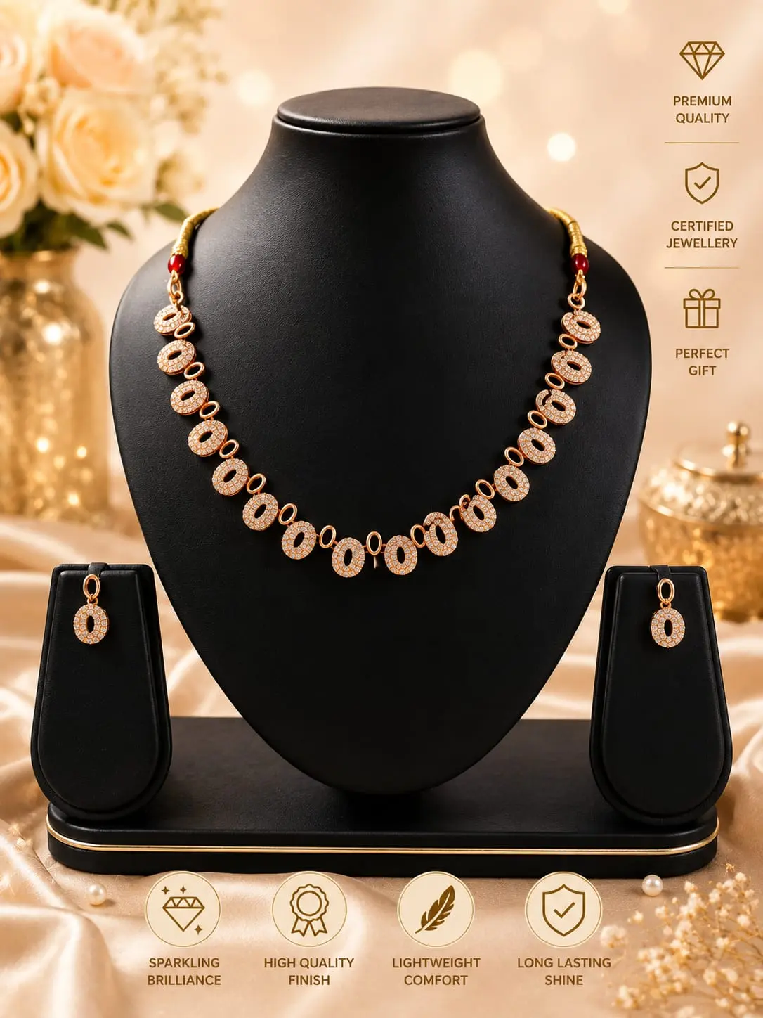 Premium Gold-Plated Oval Halo Necklace Set | Sparkling American Diamond Jewelry with Matching Earrings