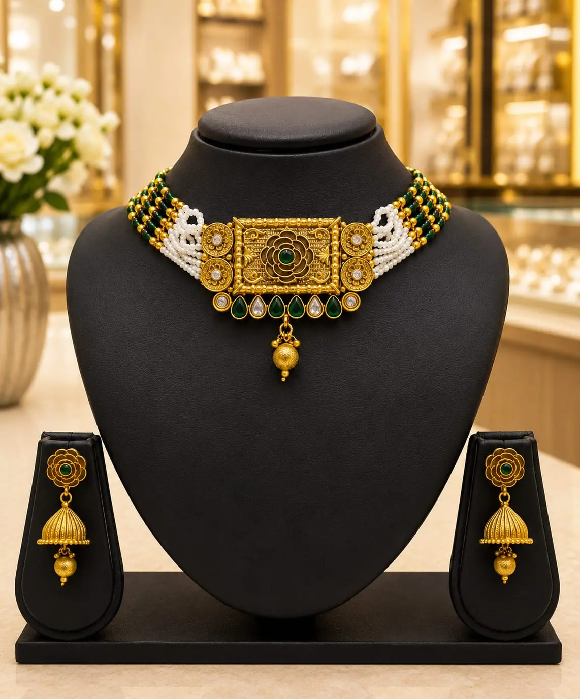 Vintage Chandbali Pearl-Strand Necklace & Earring Set