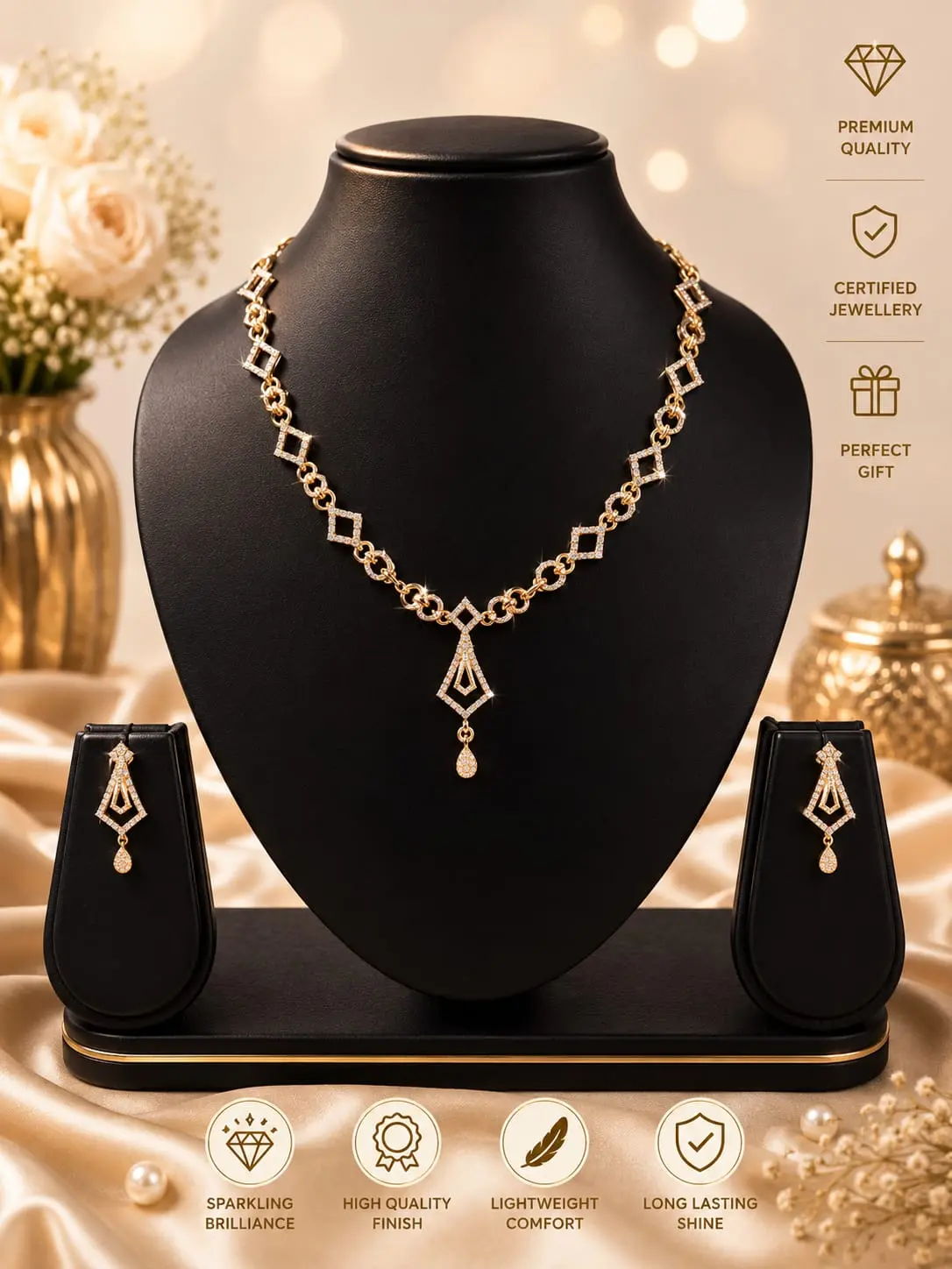 Elegant Geometric 18K Gold Plated Diamond Necklace Set with Drop Earrings