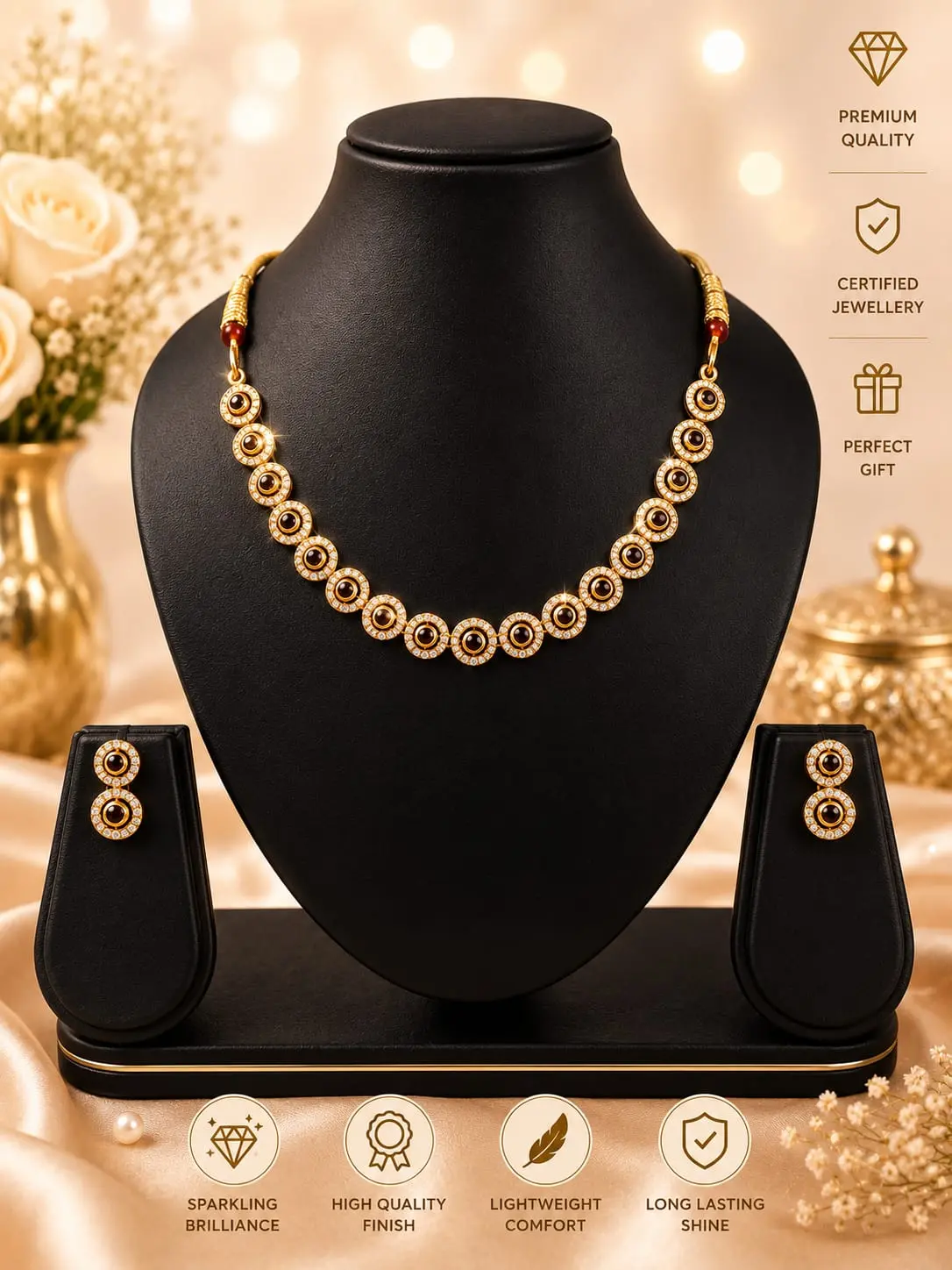 Dazzling Oval Motif Gold Plated Diamond Necklace Set with Matching Studs
