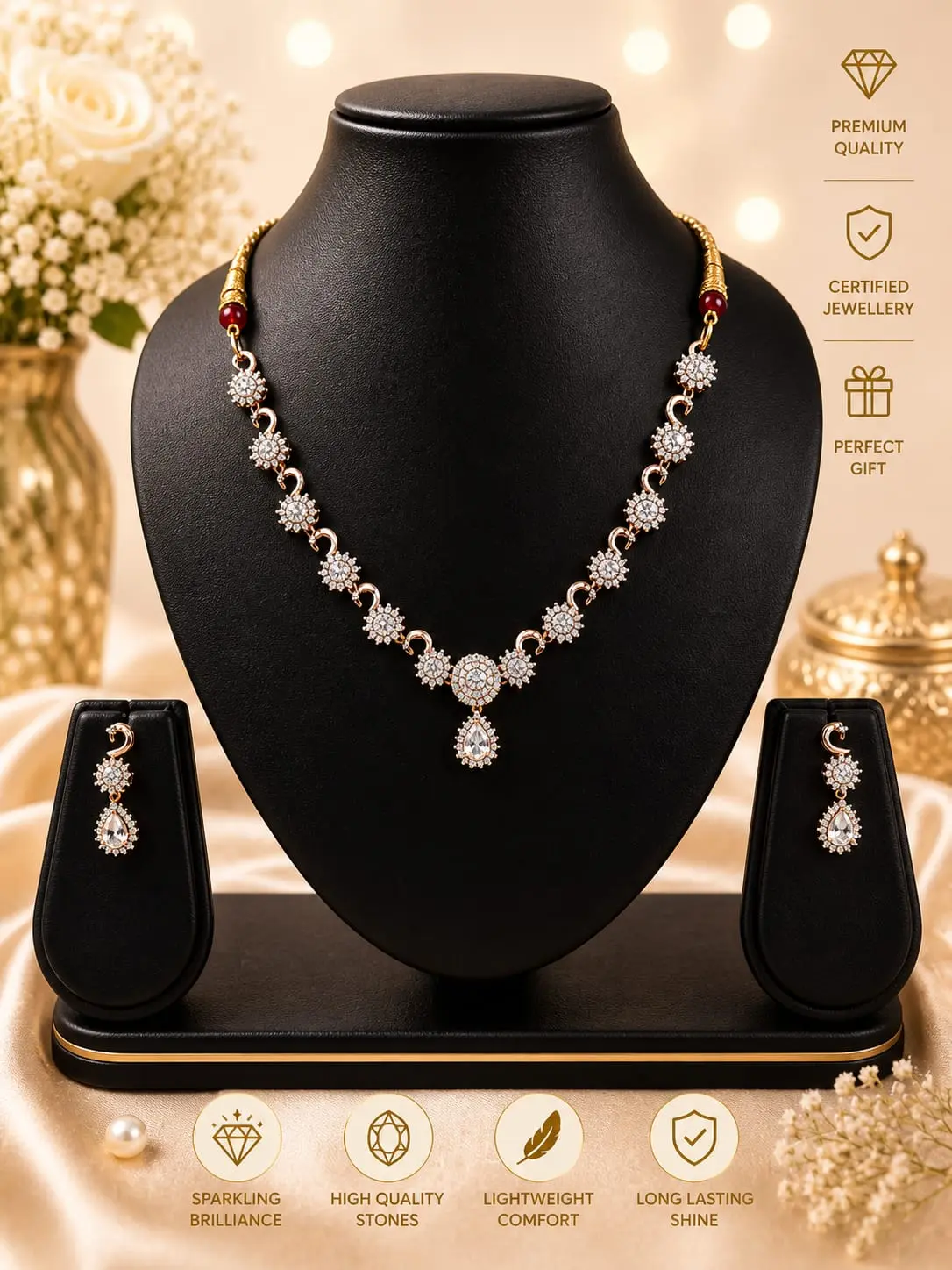 Floral Motif American Diamond Necklace Set with Pear-Cut Drop Earrings 